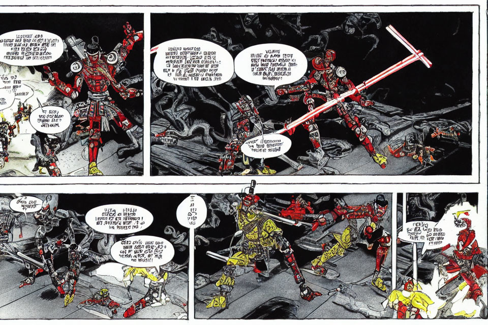 Sci-fi comic strip characters in red and yellow armor with beam weapons in rocky terrain.