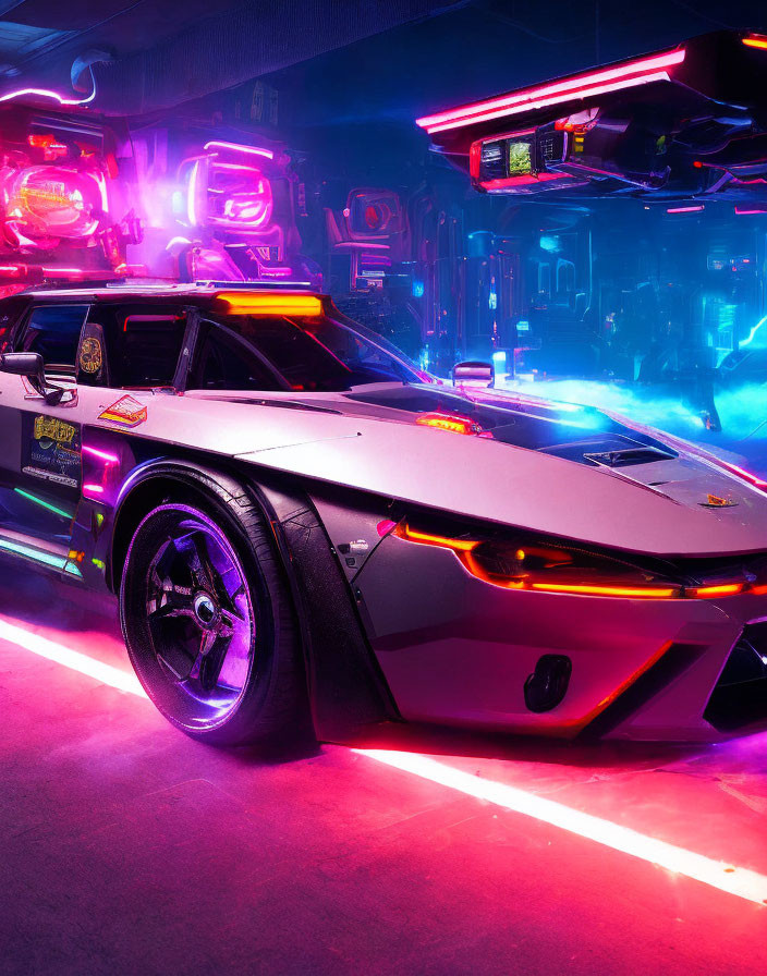 Futuristic sports car with neon lights in cyberpunk urban setting