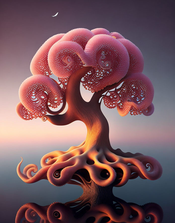Surreal tree with pink octopus-like branches under dusk sky