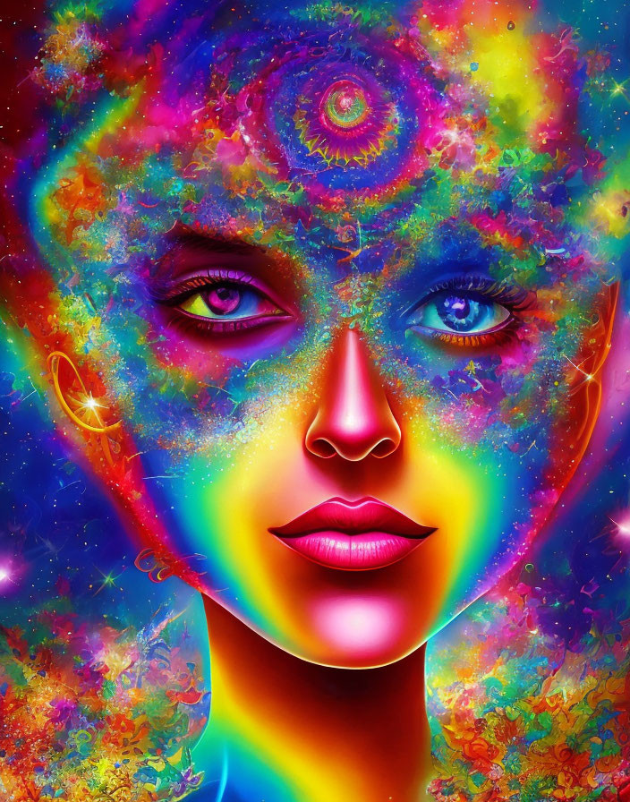 Colorful digital portrait with cosmic elements and surreal background