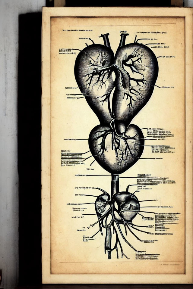 Detailed vintage human kidney anatomy illustration on yellowed page with black background