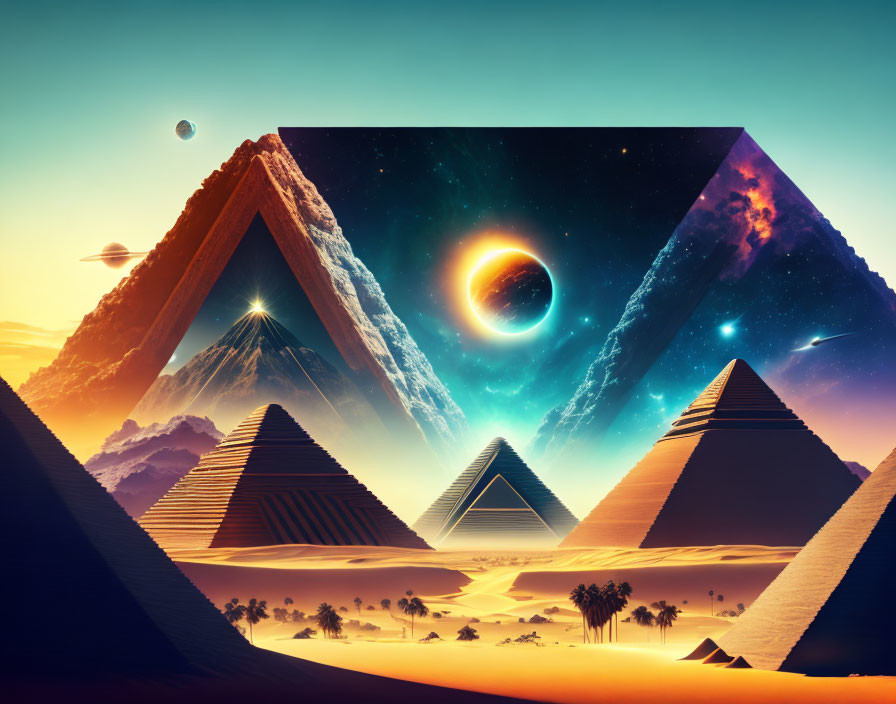 Surreal image: Egyptian pyramids, cosmic backdrop, solar eclipse, science fiction elements