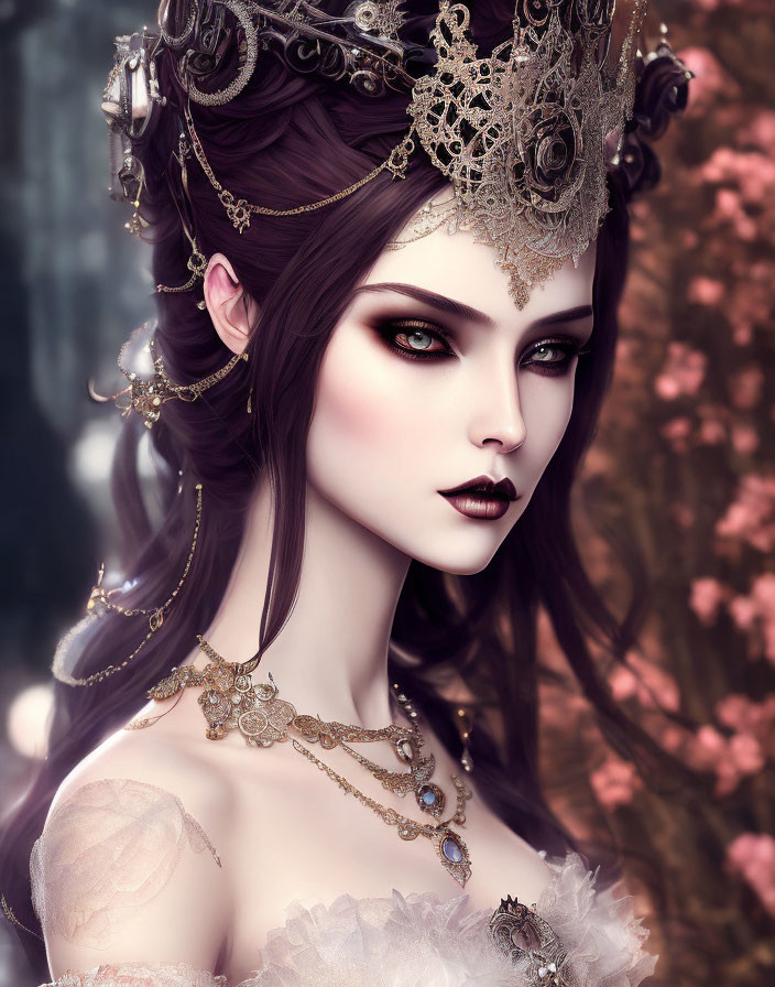 Fantasy Queen with Fair Skin, Golden Crown, and Violet Hair