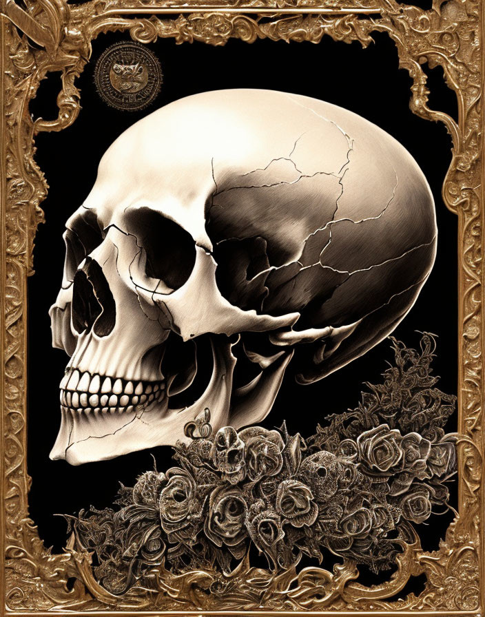 Detailed human skull with crack above roses in vintage border