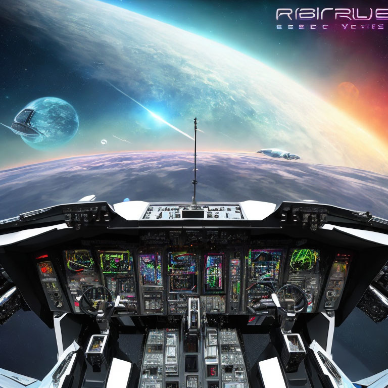 Futuristic spaceship cockpit with advanced control panels and outer space view