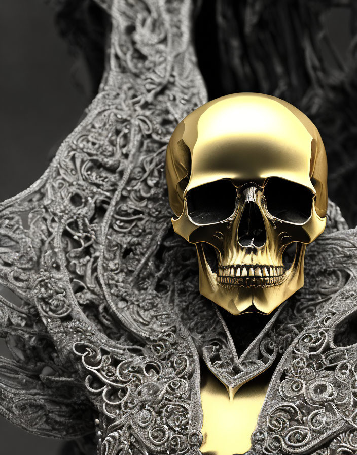 Golden Skull on Lace Outfit in Grayscale Palette