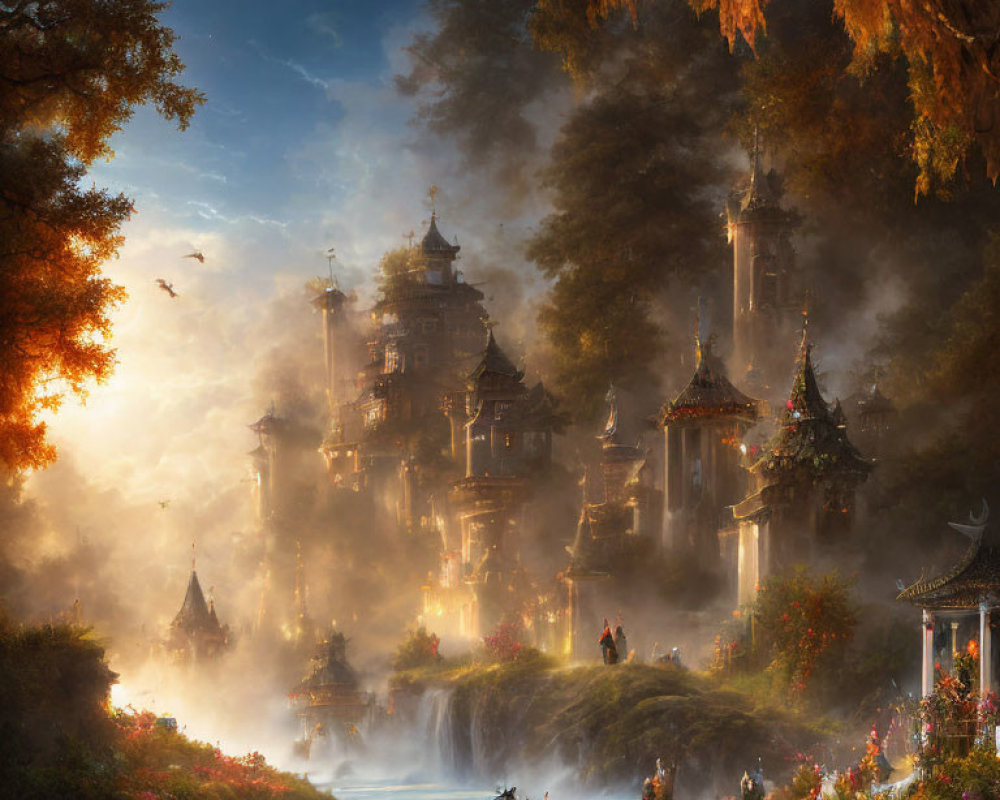 Fantasy landscape: ancient temples, waterfalls, lush foliage
