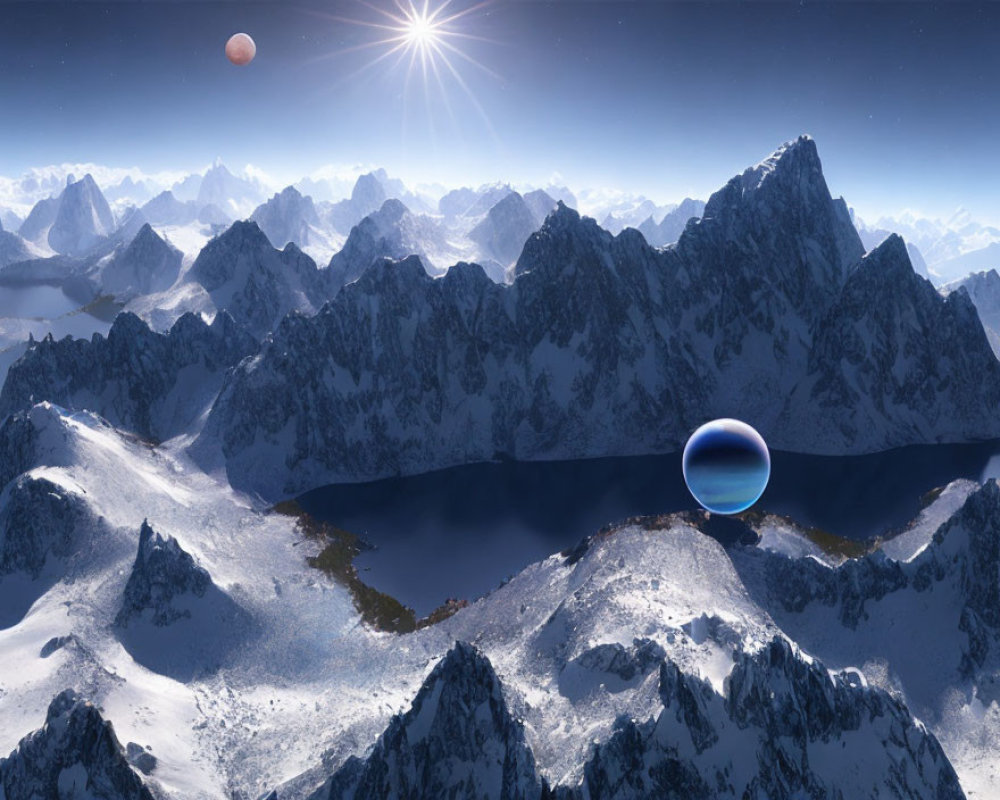 Snowy mountain landscape with sun, reflective sphere, and distant planet in clear sky