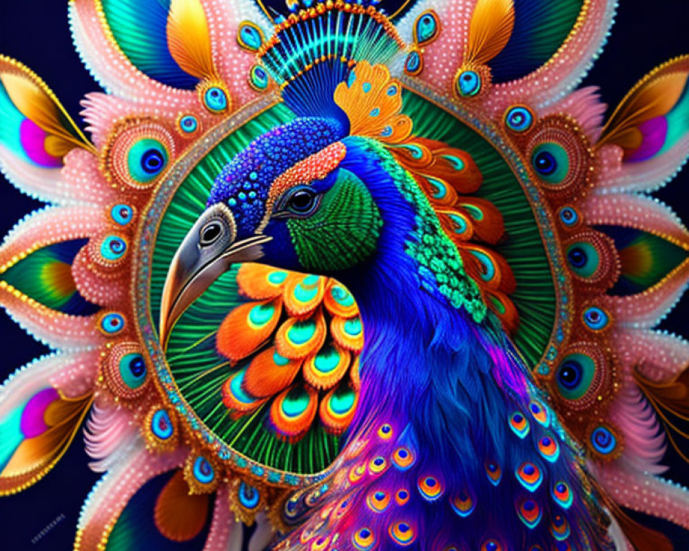Colorful Peacock Digital Artwork with Rainbow Feathers