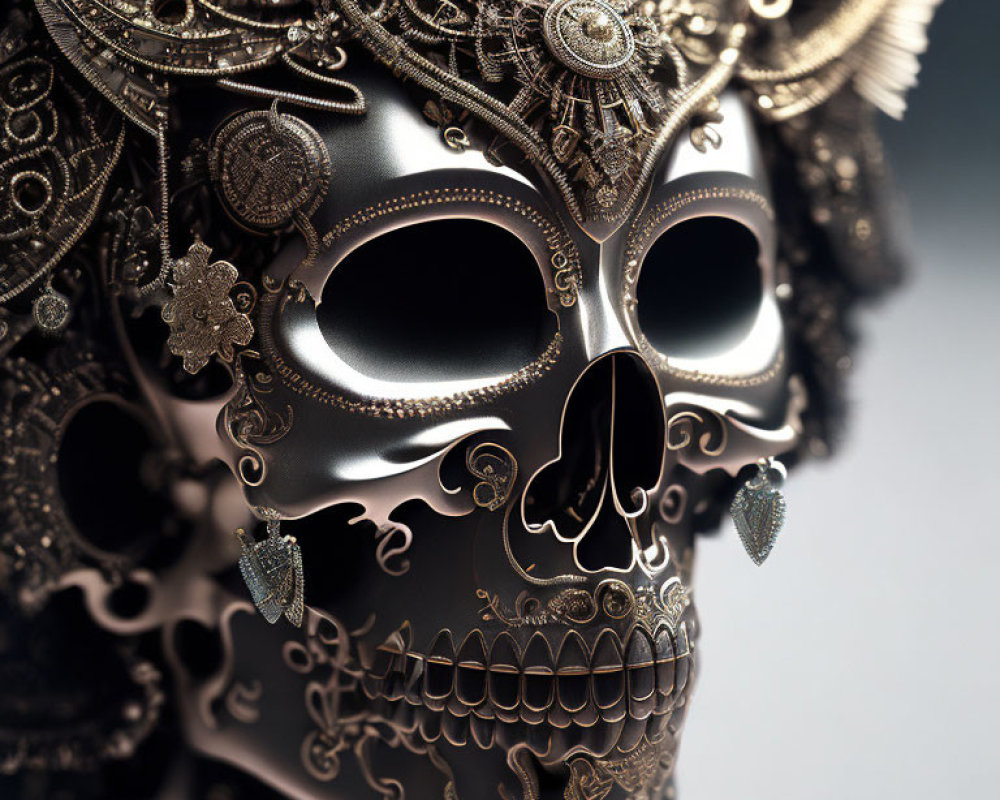 Ornate Black and Gold Skull with Filigree Patterns and Jewels on Grey Background