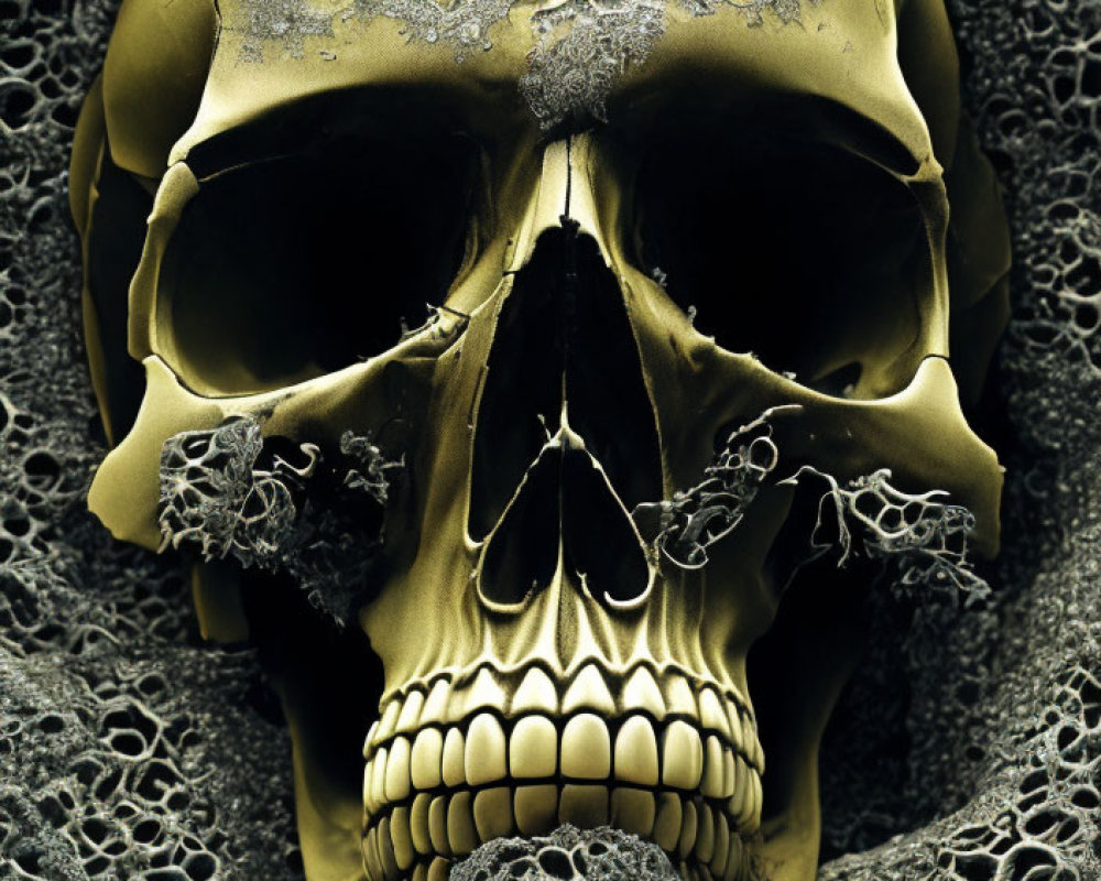 Golden Skull with Intricate Metallic Lace-Like Embellishments