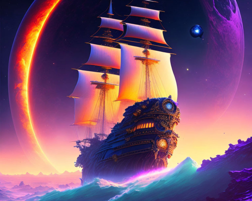 Sailing ship on cosmic sea with planets and glowing ringed celestial body