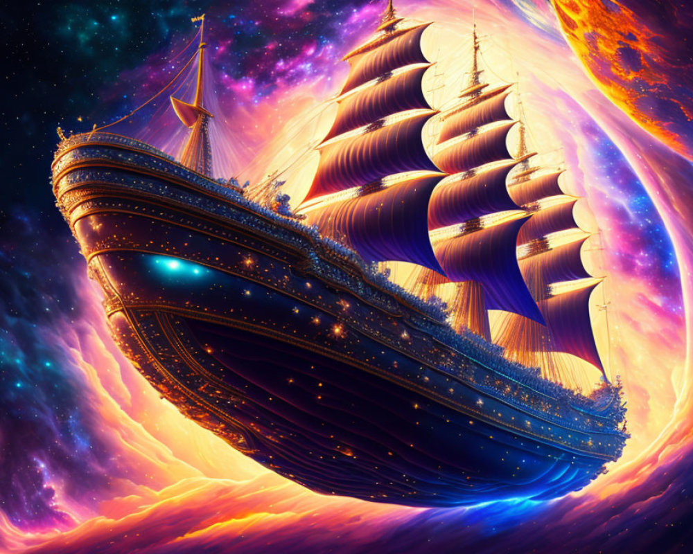 Majestic ship sailing through cosmic nebula and stars