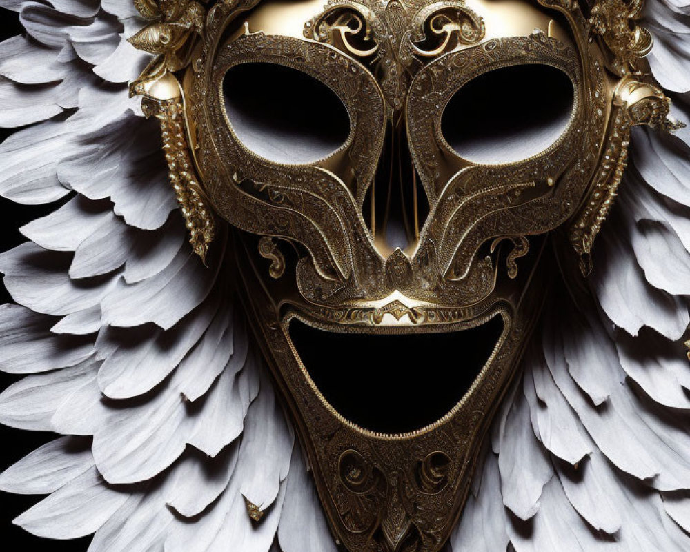 Golden mask with sapphire centerpiece and white feathers on black background