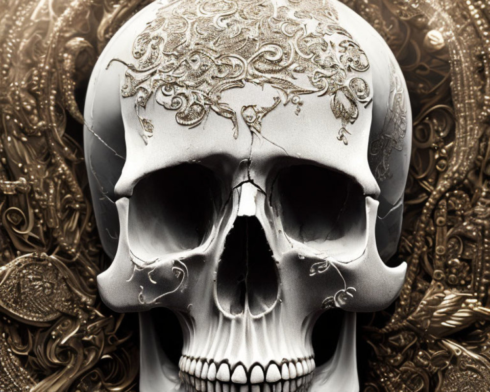 Detailed Silver Skull with Floral Patterns on Golden Background