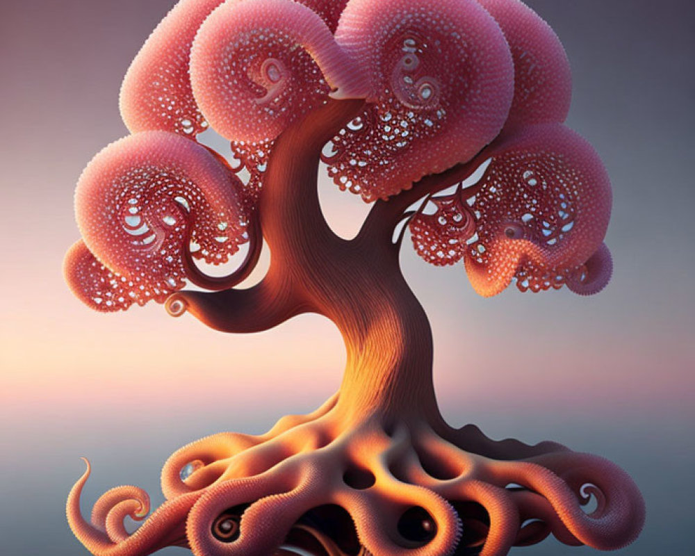 Surreal tree with pink octopus-like branches under dusk sky