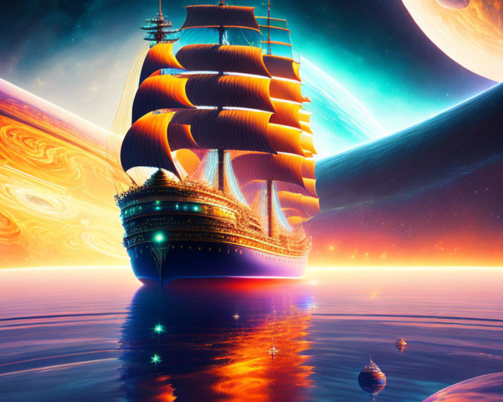 Large sailing ship with orange sails on cosmic sea with planets and nebula.