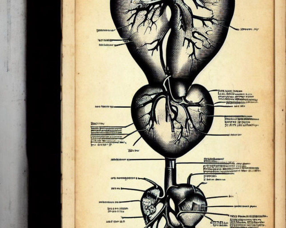 Detailed vintage human kidney anatomy illustration on yellowed page with black background