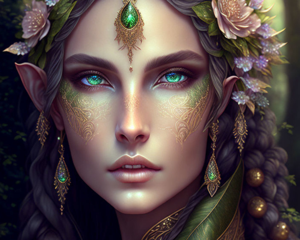 Digital portrait of elf with blue eyes, pointed ears, green gem forehead piece, and floral crown in