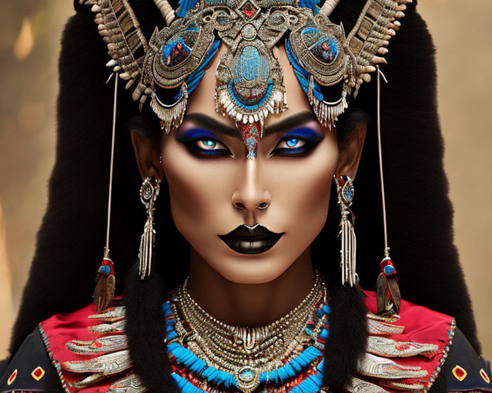 Person with Blue Makeup and Tribal Headdress with Feathers, Beads, and Jewels