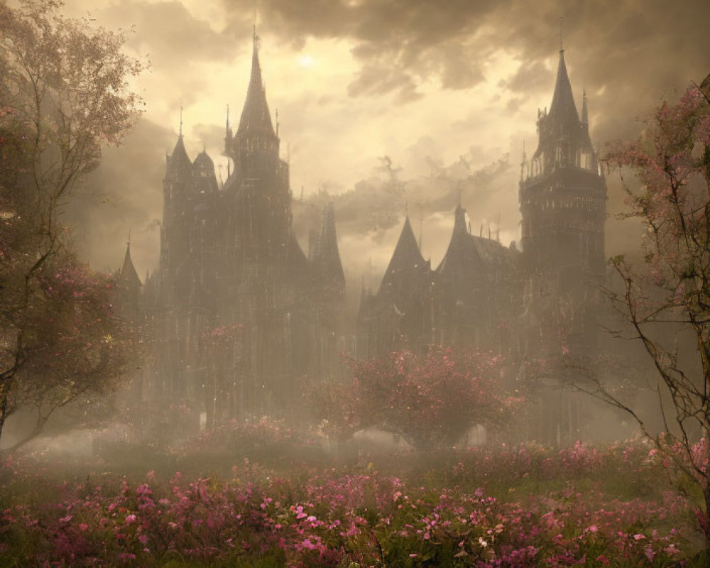 Ethereal gothic castle in mist with dark spires and vibrant pink flowers