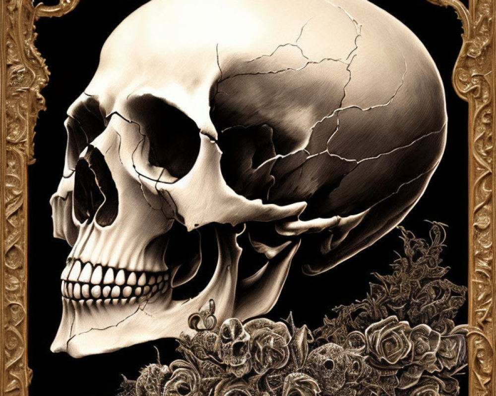 Detailed human skull with crack above roses in vintage border