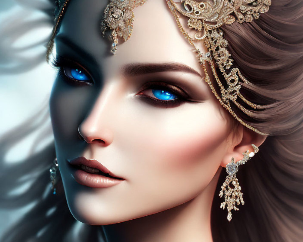 Portrait of a woman with blue eyes and golden headpiece & earrings