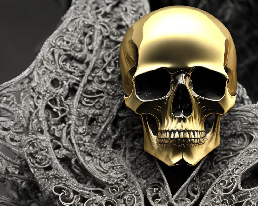 Golden Skull on Lace Outfit in Grayscale Palette