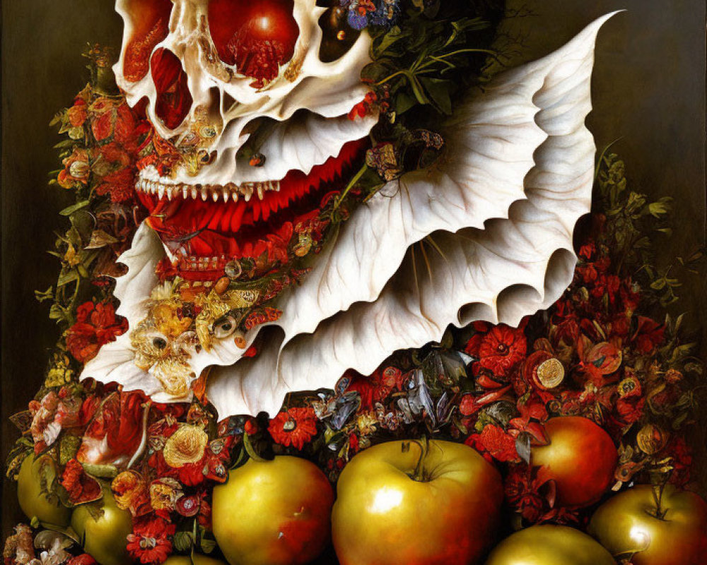 Skull surrounded by vibrant flowers, insects, wing, and apples