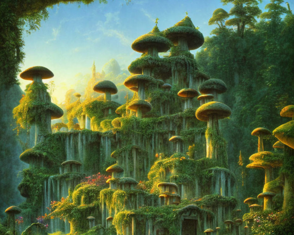 Fantastical landscape with mushroom-like structures and waterfalls