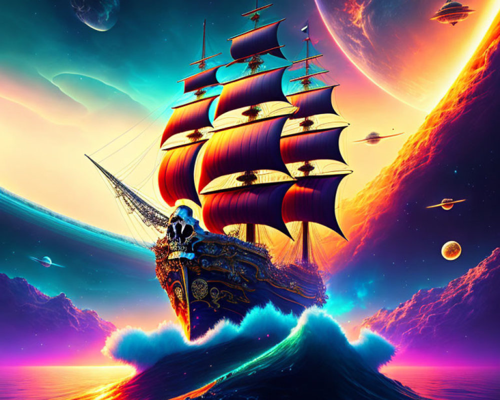 Colorful digital artwork of grand sailing ship on cosmic waves