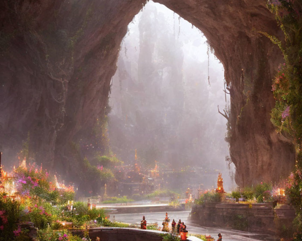 Majestic cavern with lush garden, vibrant flowers, serene pond, and figures exploring tranquil sanctuary