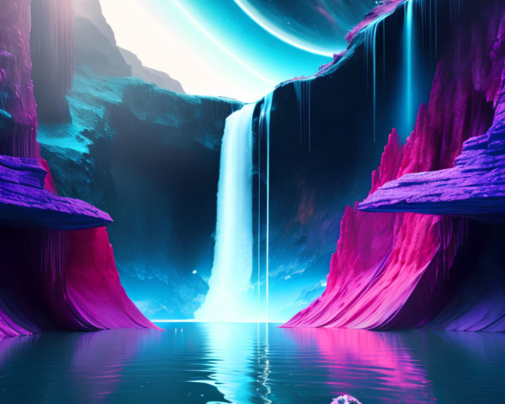 Colorful Neon-Lit Waterfall in Alien Landscape