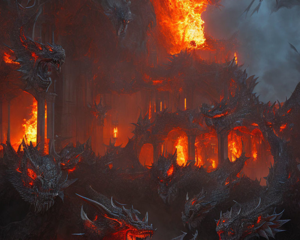 Fantasy scene: fierce dragons around molten lava core in gothic setting