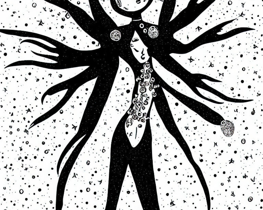 Monochrome abstract drawing of humanoid figure with multiple arms and celestial bodies.