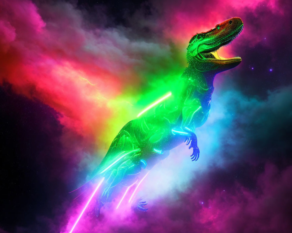 Neon-colored T-Rex against cosmic pink and purple clouds