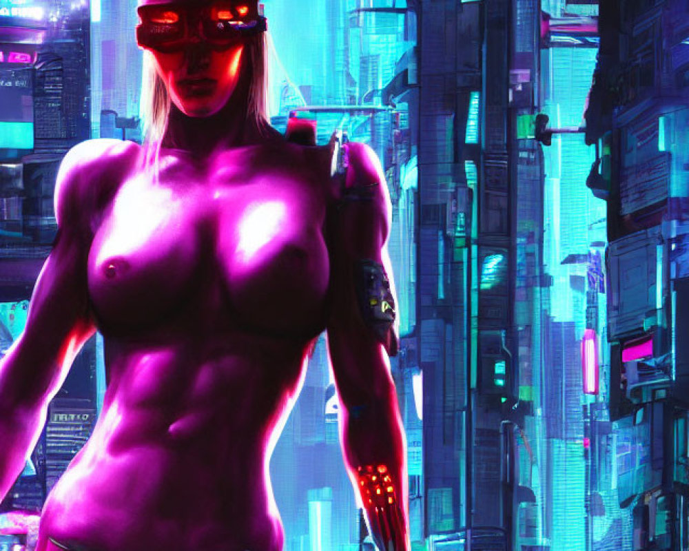 Futuristic cybernetic humanoid with rabbit ears in neon cityscape
