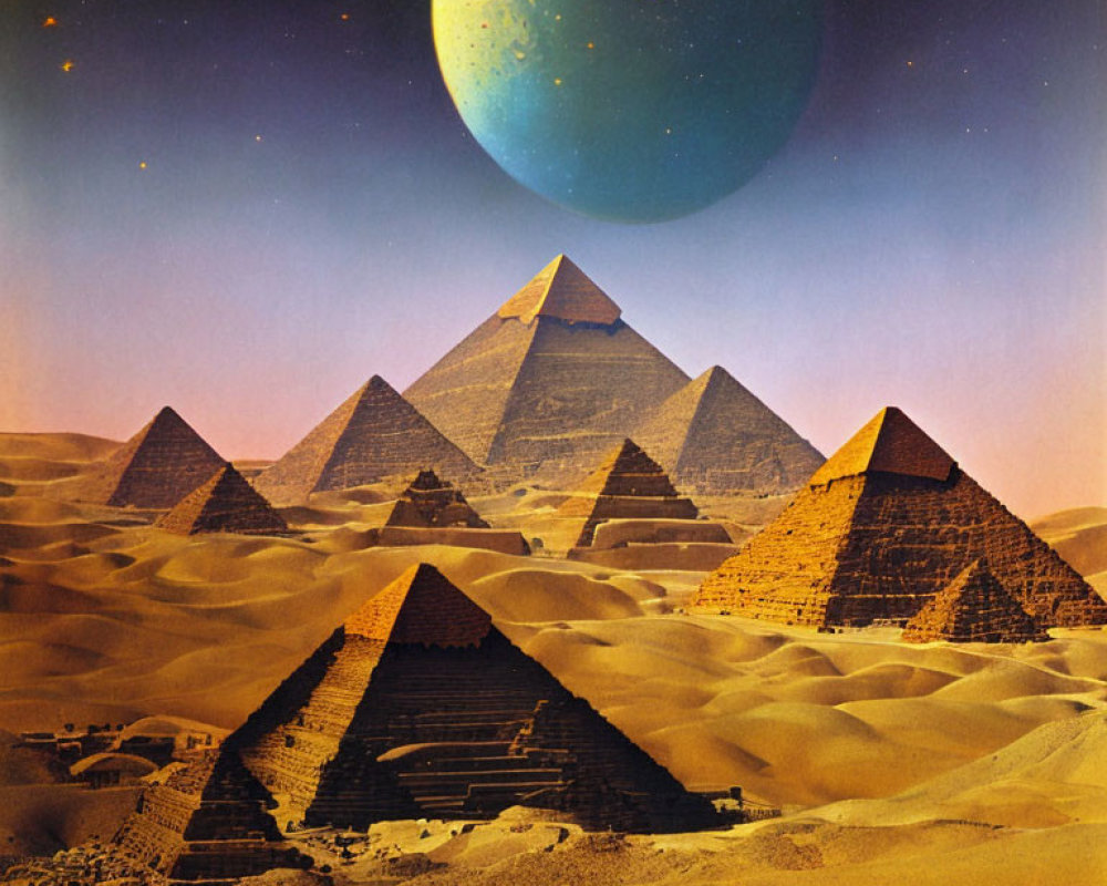 Majestic pyramids under starry sky with large planet in desert