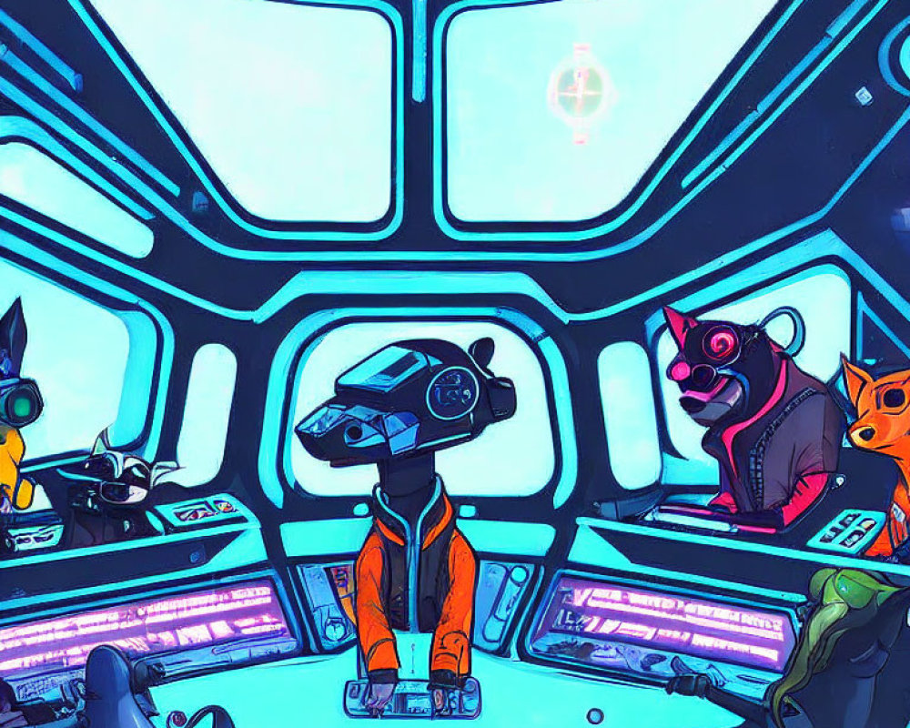 Anthropomorphic Crew in Spaceship Cockpit with Dog, Bear, and Octopus