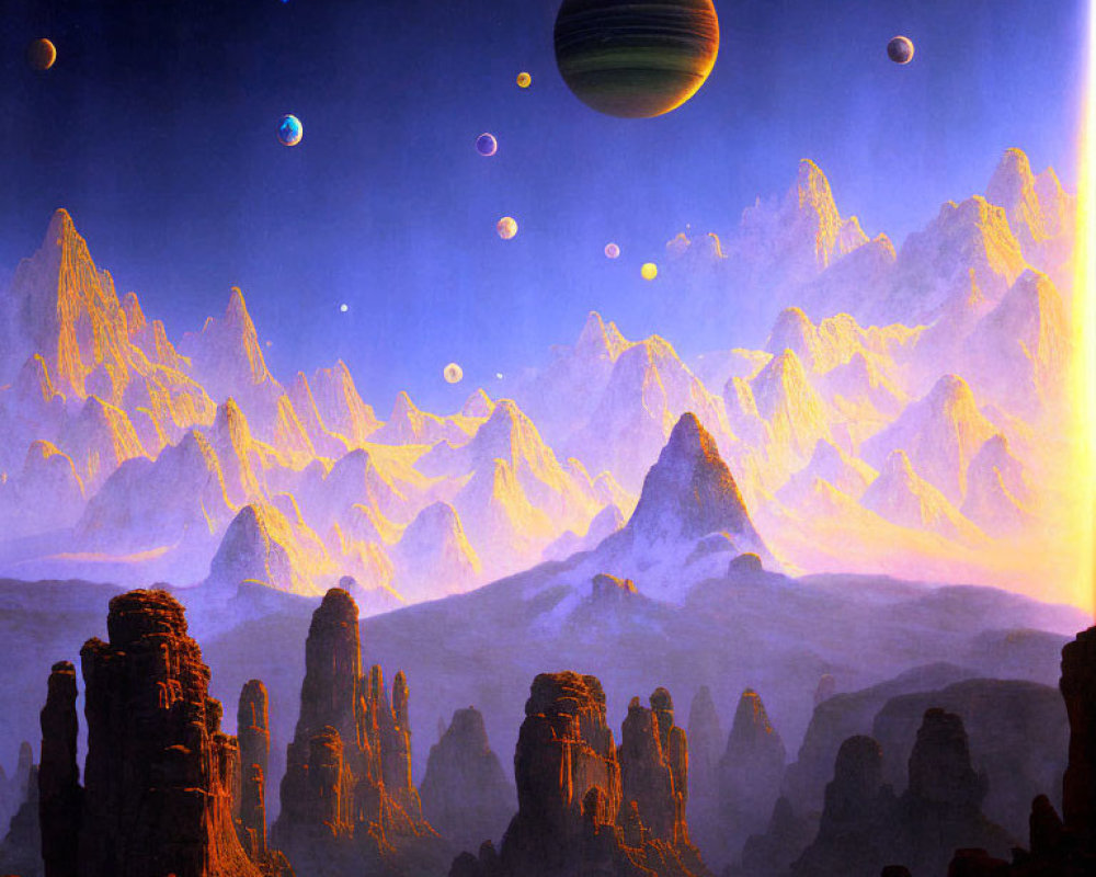 Sci-fi landscape with towering mountains and multiple moons in starry sky