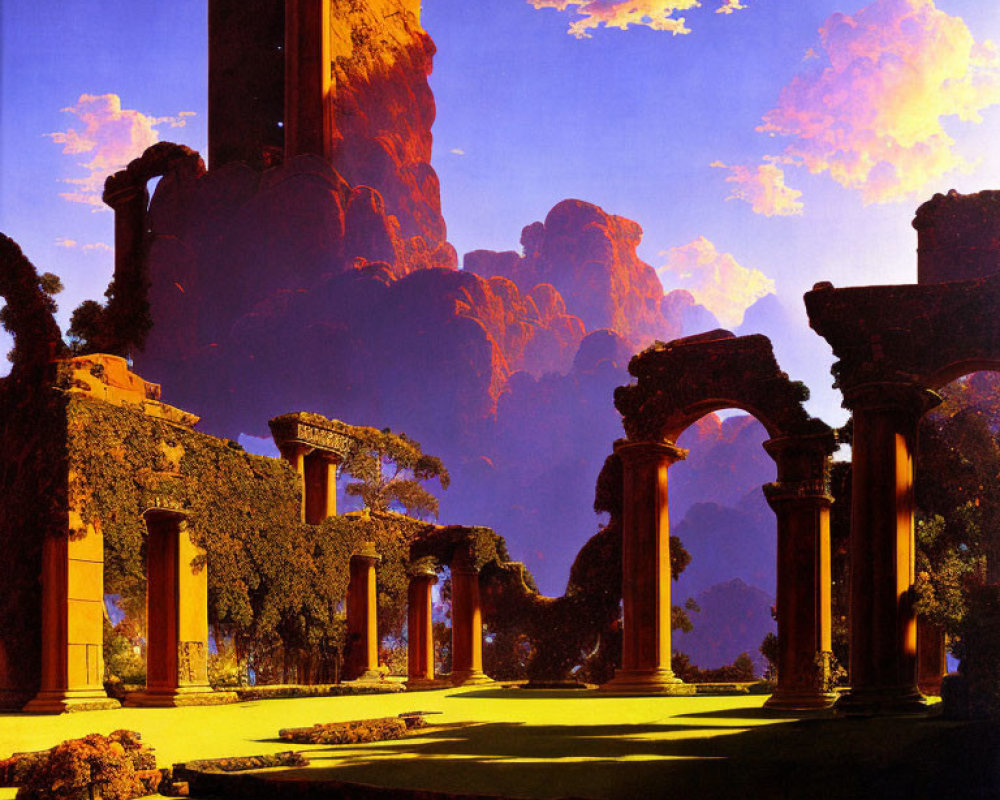 Fantastical landscape with towering cliffs, vivid sunset sky, and ancient ruins.