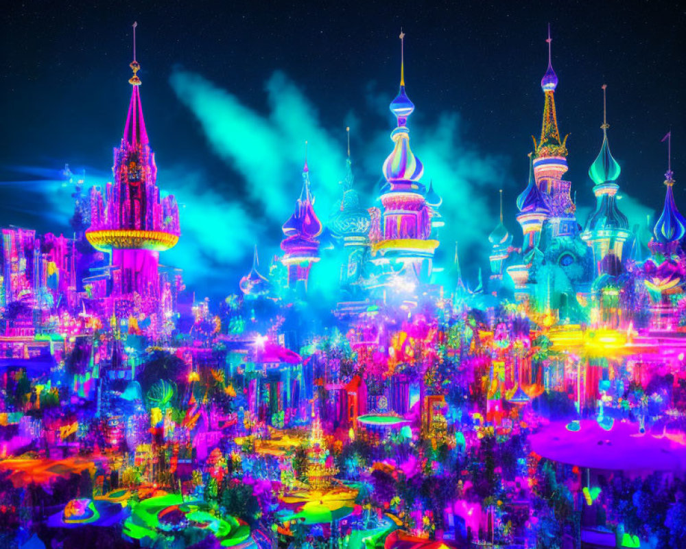 Colorful, Neon-Lit Fantasy Cityscape at Night