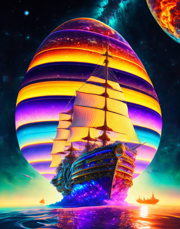 Majestic sailing ship on cosmic ocean with giant planet and fiery moon