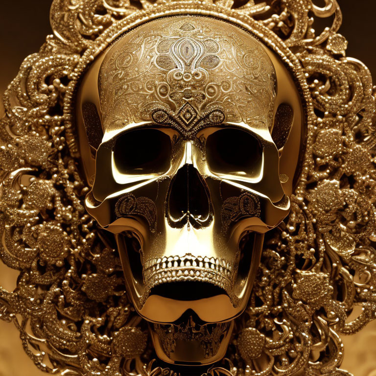 Golden skull with intricate patterns in baroque-style designs on golden background
