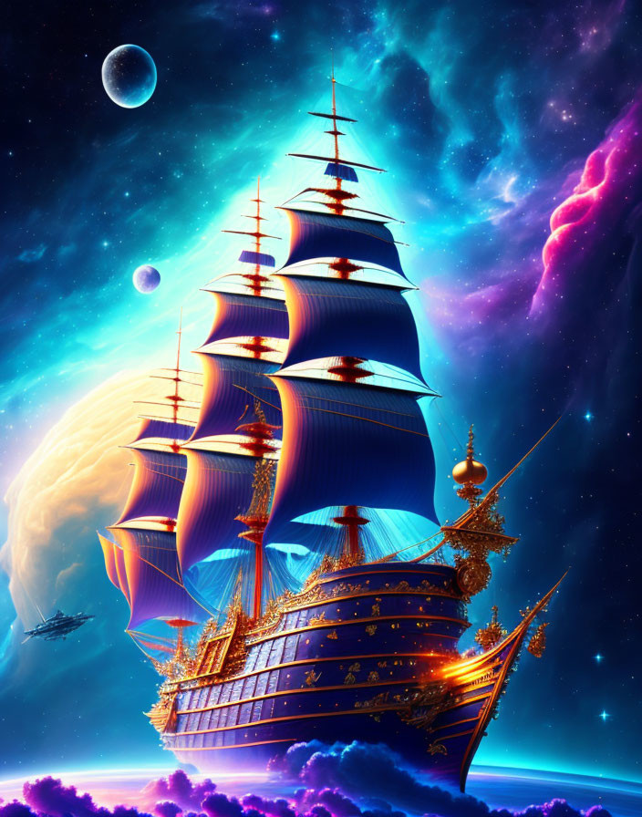 Fantastical ship with vibrant blue sails in cosmic sky