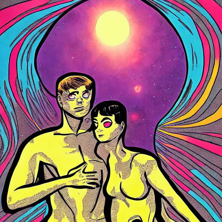 Vibrant psychedelic illustration with yellow-skinned figures in cosmic setting