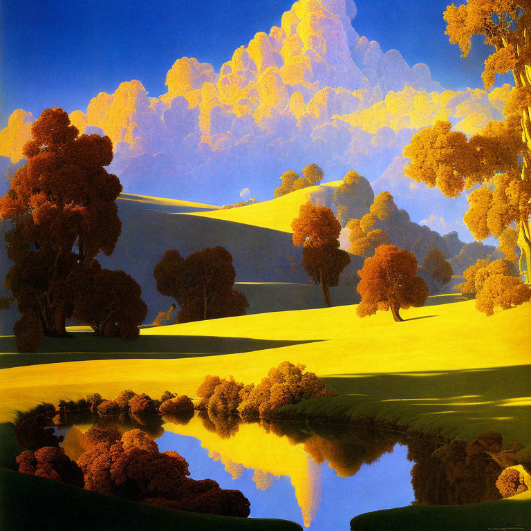 Vibrant surreal landscape with yellow hills, reflective water, orange foliage, blue sky
