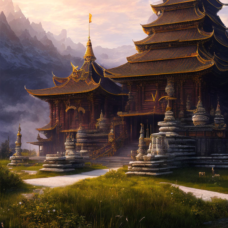 Intricate Wooden Temple Among Stone Stupas and Mountains at Sunrise