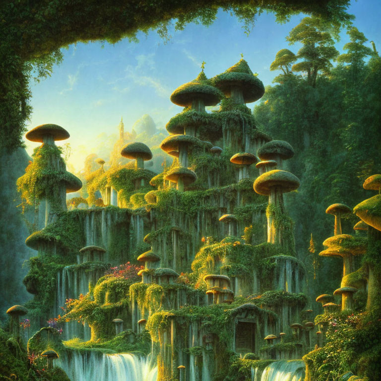 Fantastical landscape with mushroom-like structures and waterfalls