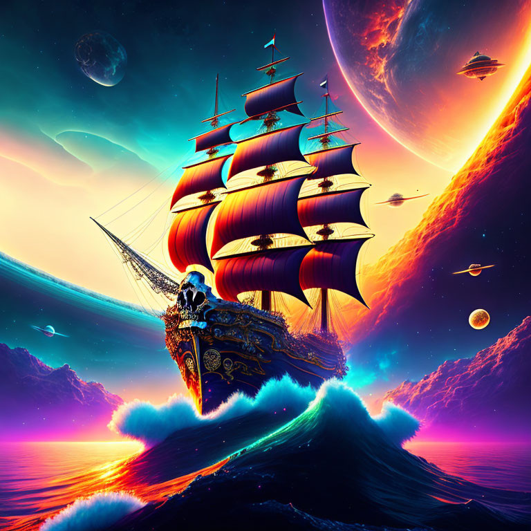 Colorful digital artwork of grand sailing ship on cosmic waves